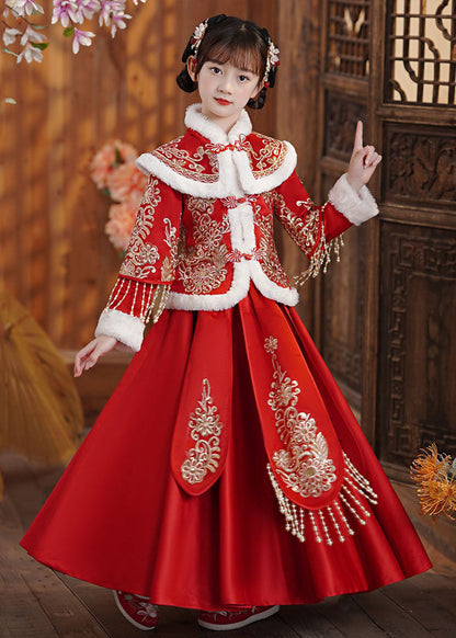 Style Red Embroideried Tassel Girls Coats And Long Skirts Two Piece Set Long Sleeve Ada Fashion