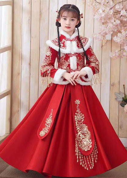 Style Red Embroideried Tassel Girls Coats And Long Skirts Two Piece Set Long Sleeve Ada Fashion