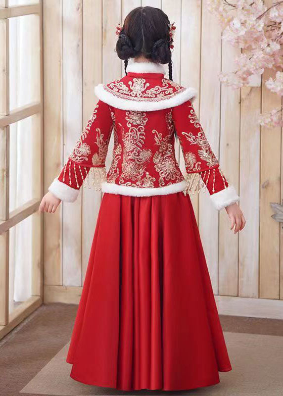 Style Red Embroideried Tassel Girls Coats And Long Skirts Two Piece Set Long Sleeve Ada Fashion