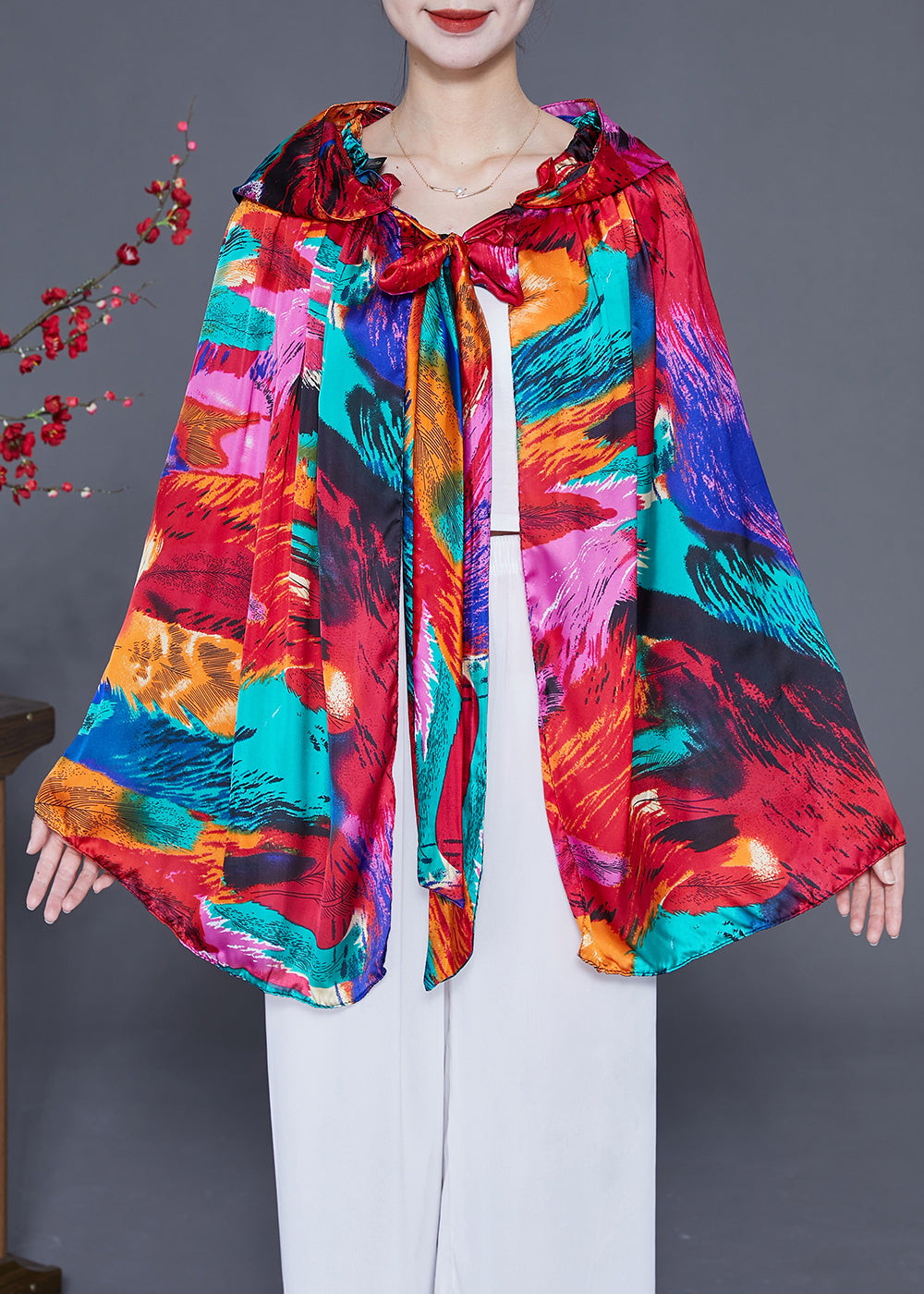 Style Red Hooded Print Silk Shawl LY2356
