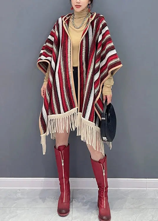 Style Red Hooded Tasseled Patchwork Knit Cardigan Fall Ada Fashion