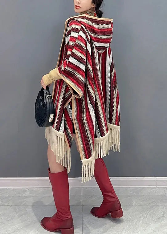 Style Red Hooded Tasseled Patchwork Knit Cardigan Fall Ada Fashion