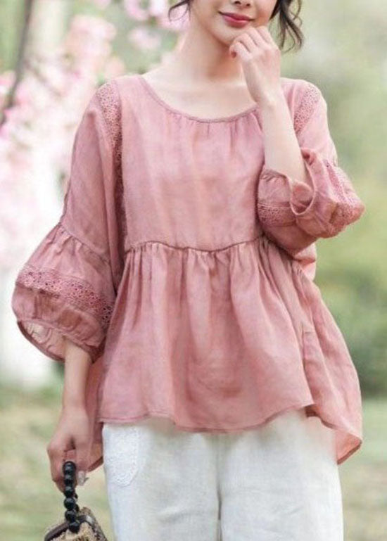 Style Red O Neck Wrinkled Patchwork Linen Tops Lantern Sleeve LY4070 - fabuloryshop