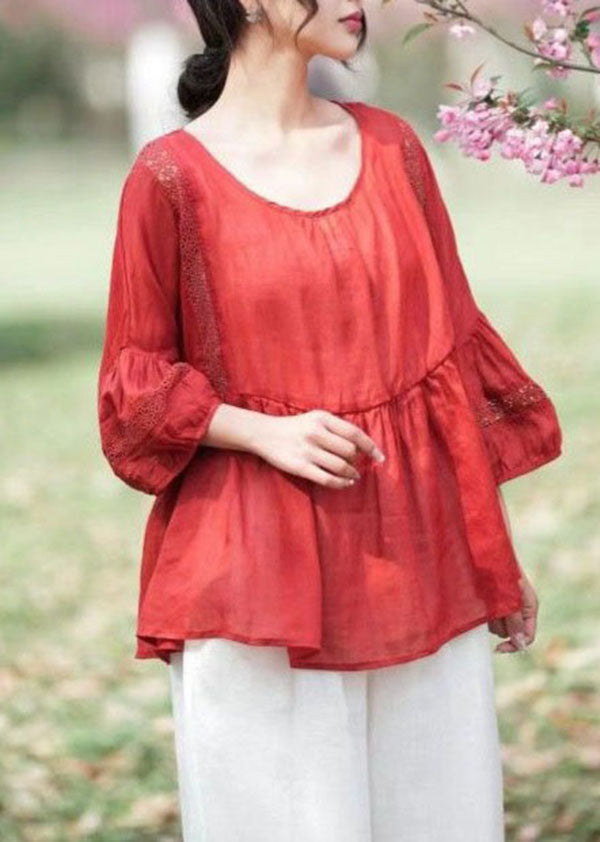 Style Red O Neck Wrinkled Patchwork Linen Tops Lantern Sleeve LY4070 - fabuloryshop