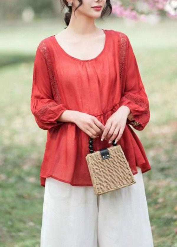 Style Red O Neck Wrinkled Patchwork Linen Tops Lantern Sleeve LY4070 - fabuloryshop