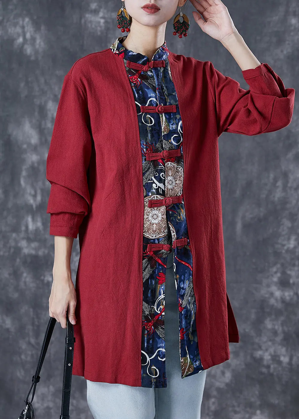 Style Red Oversized Patchwork Chinese Button Cotton Shirt Fall Ada Fashion