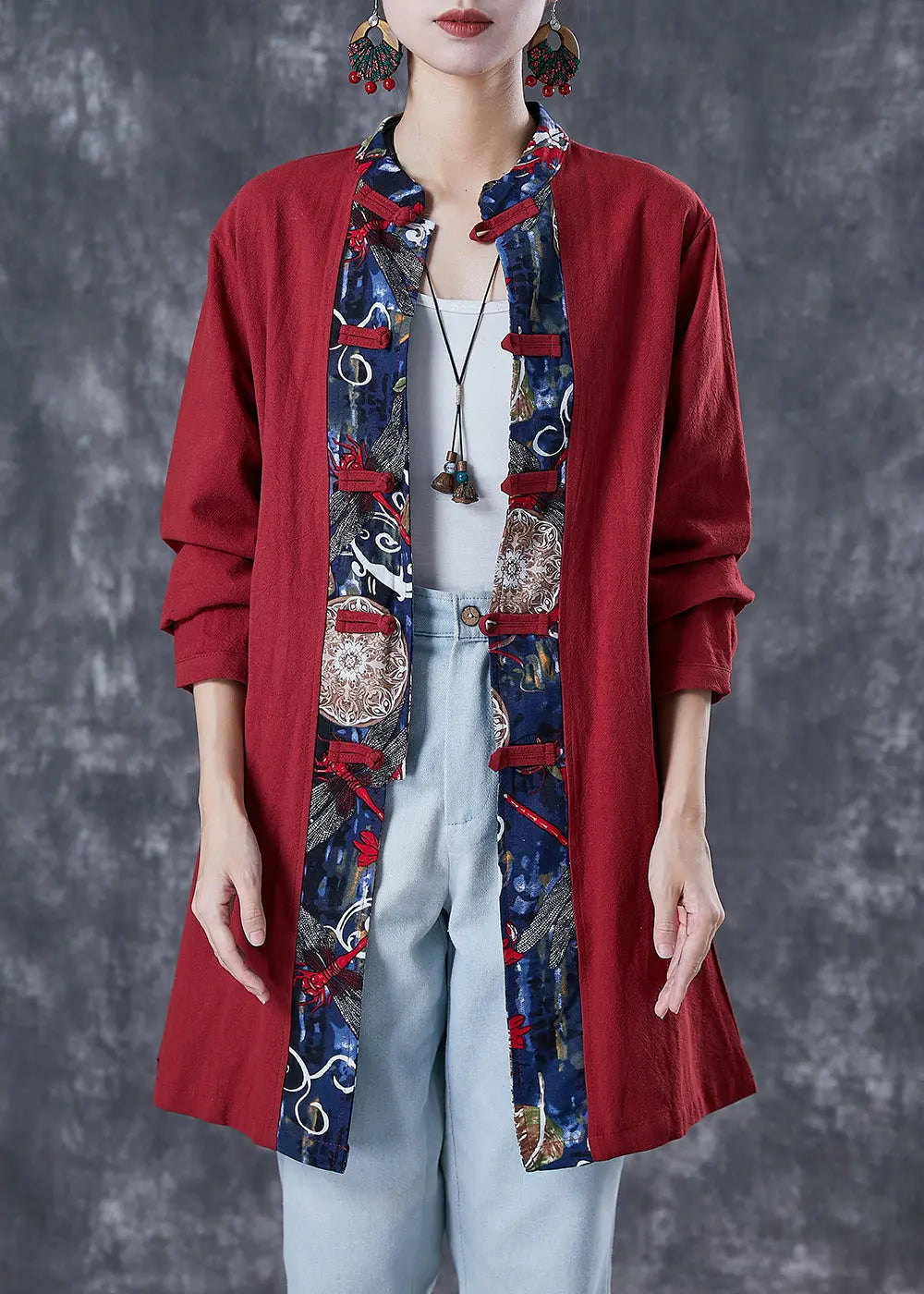 Style Red Oversized Patchwork Chinese Button Cotton Shirt Fall Ada Fashion