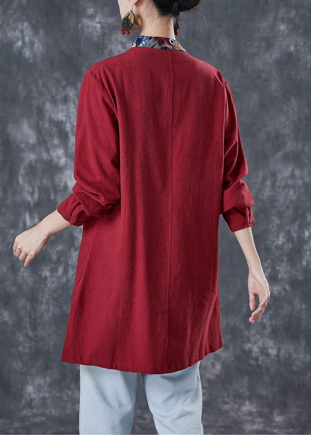 Style Red Oversized Patchwork Chinese Button Cotton Shirt Fall Ada Fashion
