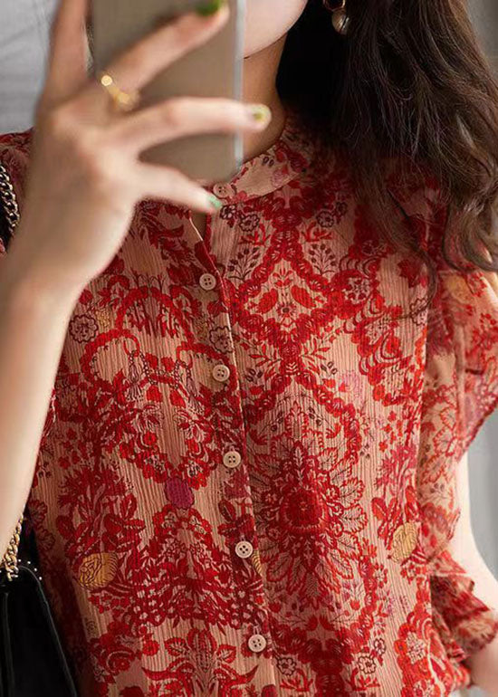 Style Red Ruffled Print Patchwork Chiffon Shirts Top Summer LY6914 - fabuloryshop