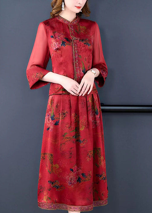 Style Red Tasseled Wrinkled Embroideried Silk Two Piece Set Clothing Summer LC0273 - fabuloryshop