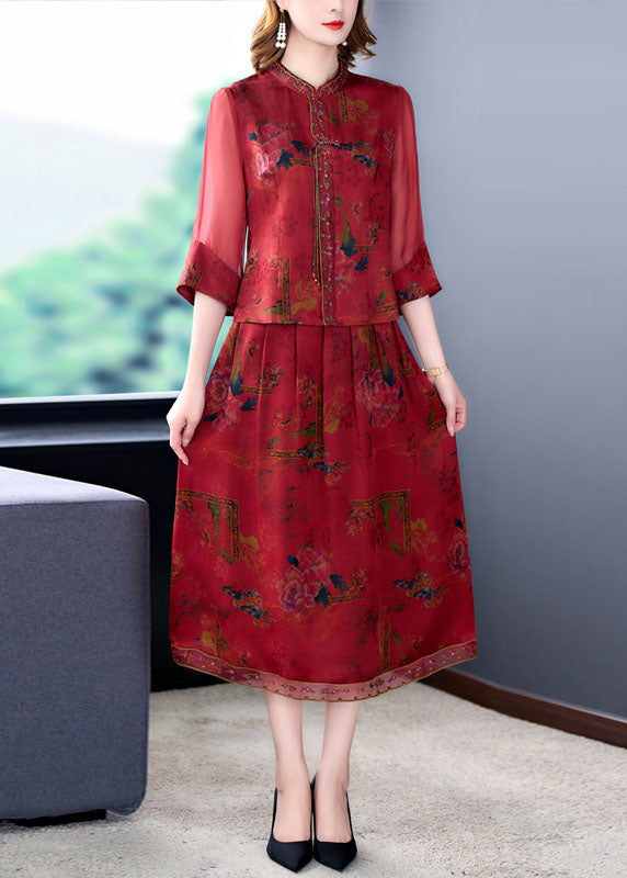 Style Red Tasseled Wrinkled Embroideried Silk Two Piece Set Clothing Summer LC0273 - fabuloryshop