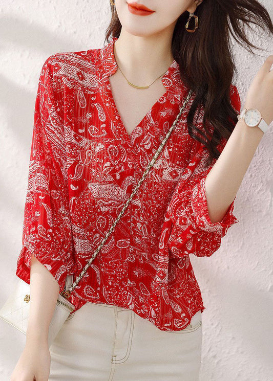 Style Red V Neck Print Patchwork Chiffon Blouses Summer TP1029 - fabuloryshop