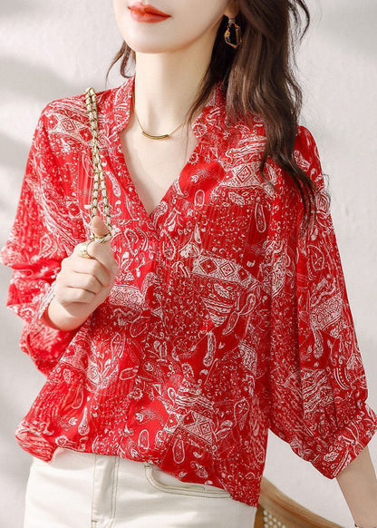 Style Red V Neck Print Patchwork Chiffon Blouses Summer TP1029 - fabuloryshop