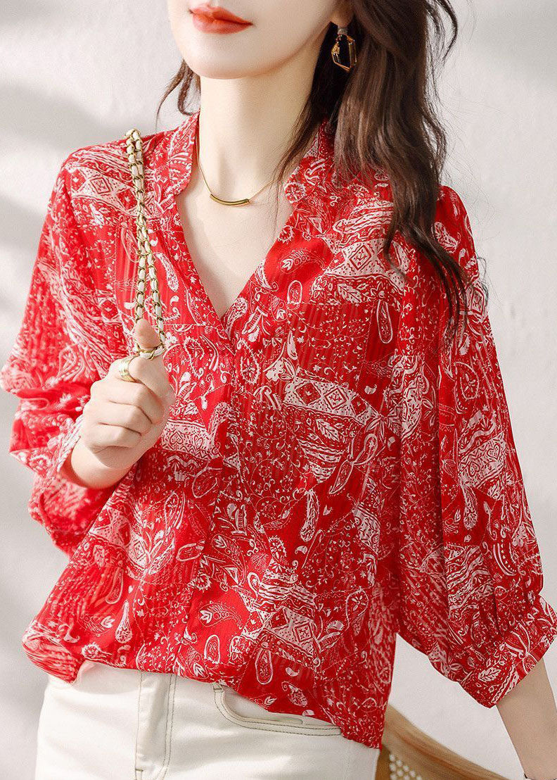 Style Red V Neck Print Patchwork Chiffon Blouses Summer LY6971 Ada Fashion