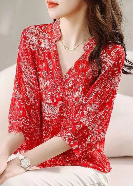 Style Red V Neck Print Patchwork Chiffon Blouses Summer TP1029