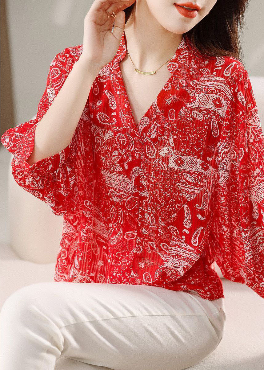 Style Red V Neck Print Patchwork Chiffon Blouses Summer TP1029 - fabuloryshop