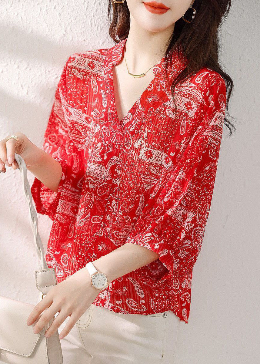 Style Red V Neck Print Patchwork Chiffon Blouses Summer TP1029