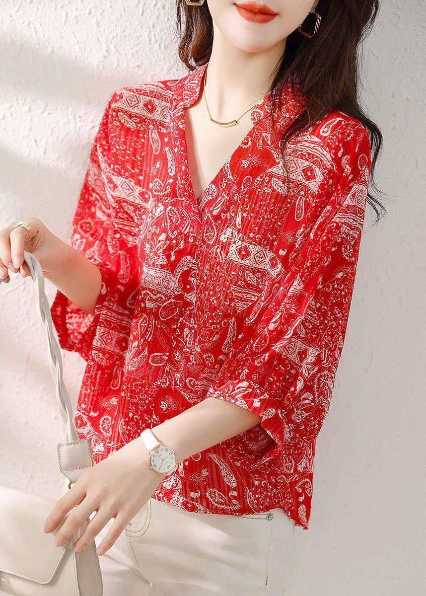 Style Red V Neck Print Patchwork Chiffon Blouses Summer TP1029 - fabuloryshop