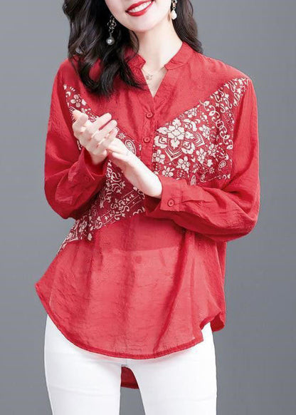 Style Red V Neck Print Patchwork Chiffon Shirts Spring LY1478 - fabuloryshop