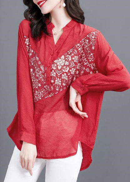 Style Red V Neck Print Patchwork Chiffon Shirts Spring LY1478 - fabuloryshop