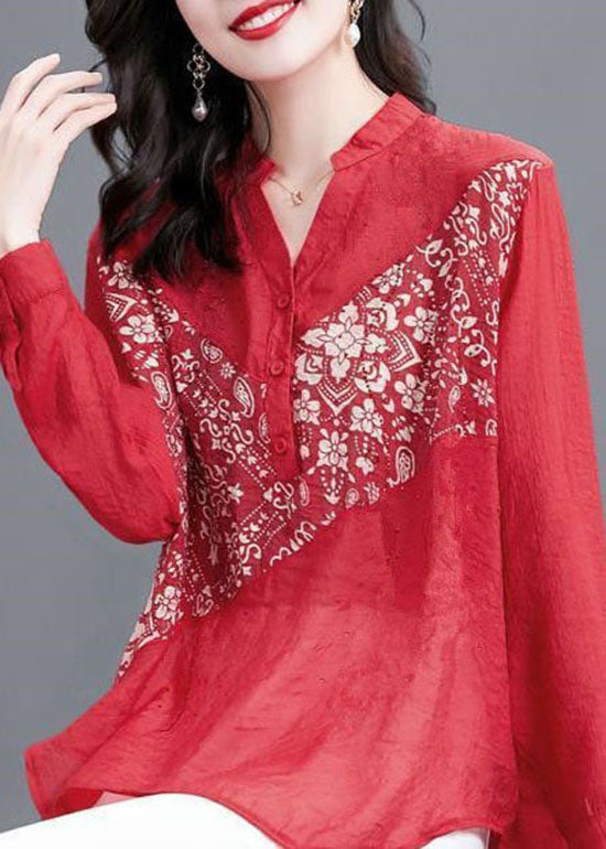 Style Red V Neck Print Patchwork Chiffon Shirts Spring LY1478 - fabuloryshop