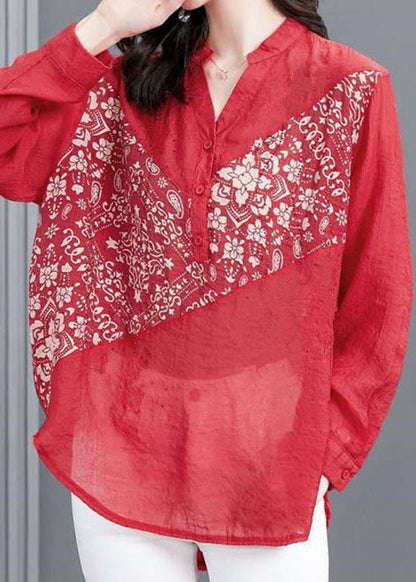 Style Red V Neck Print Patchwork Chiffon Shirts Spring LY1478 - fabuloryshop