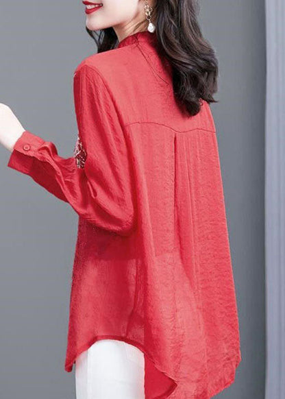 Style Red V Neck Print Patchwork Chiffon Shirts Spring LY1478 - fabuloryshop