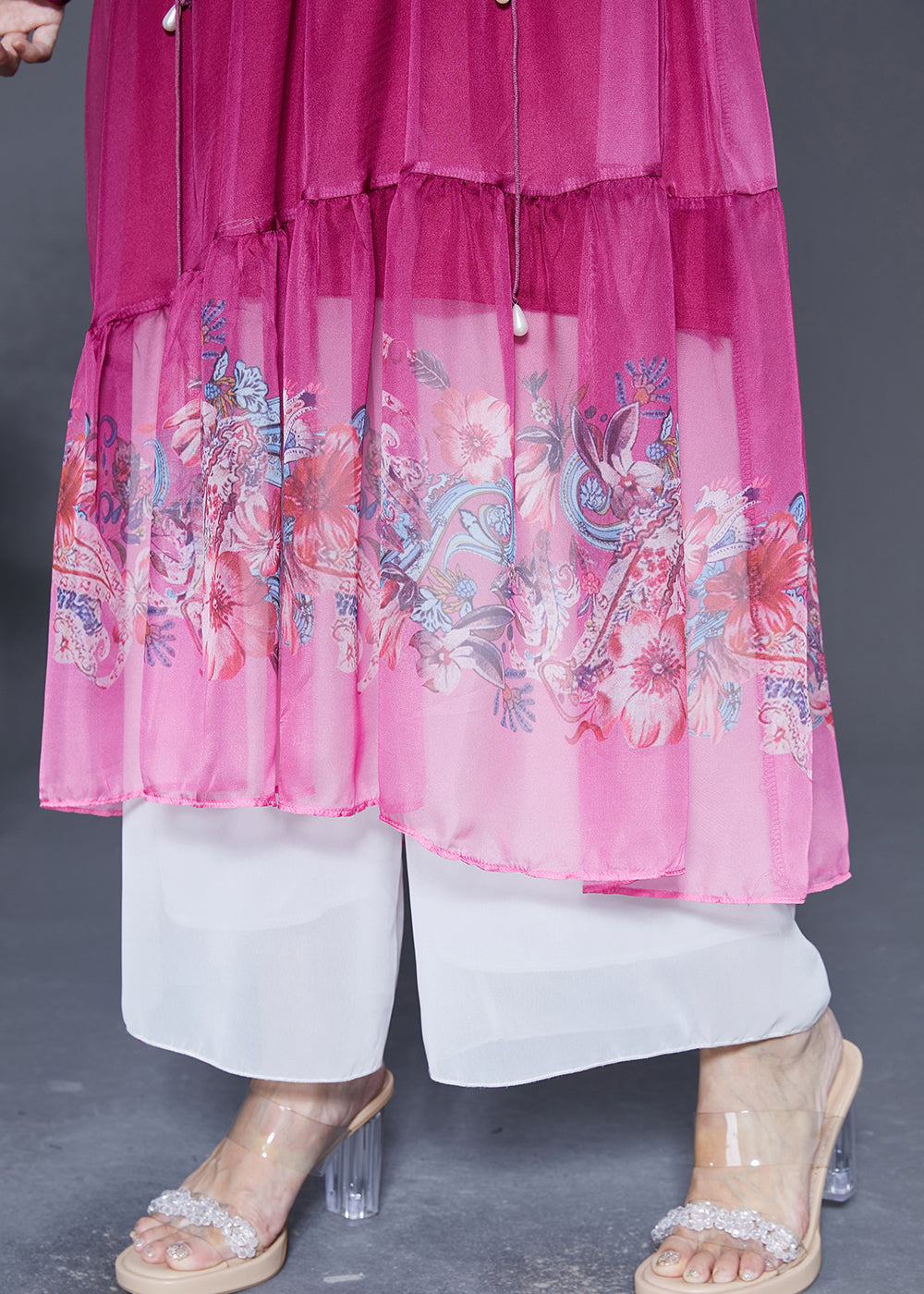 Style Rose V Neck Drawstring Patchwork Print Chiffon Beach Dress Summer LY5368 - fabuloryshop