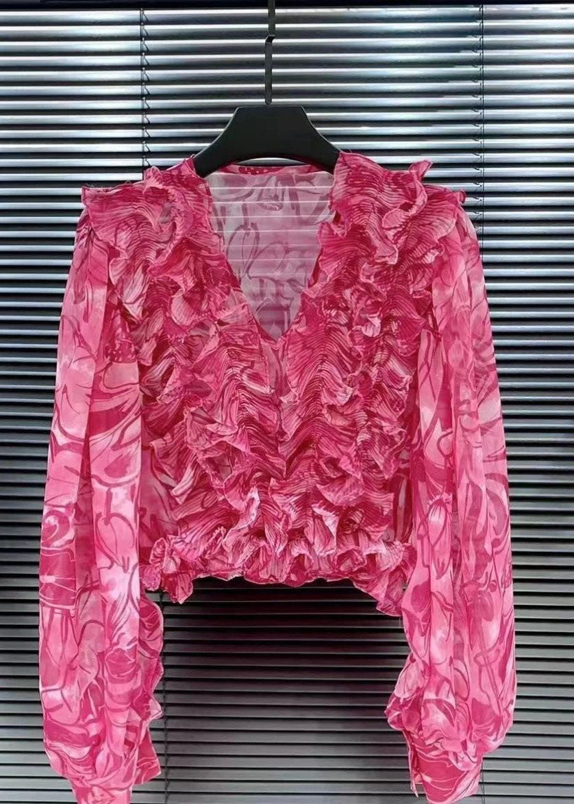 Style Rose V Neck Ruffled Print Patchwork Chiffon Shirt Top Summer TI1031