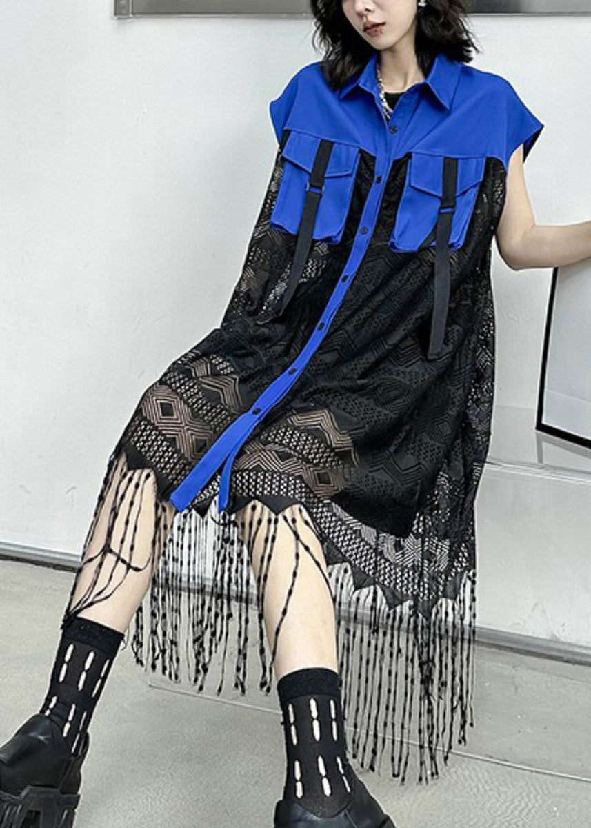 Style Royal Blue Peter Pan Collar Tasseled Patchwork Lace Shirts Dress Sleeveless Ada Fashion