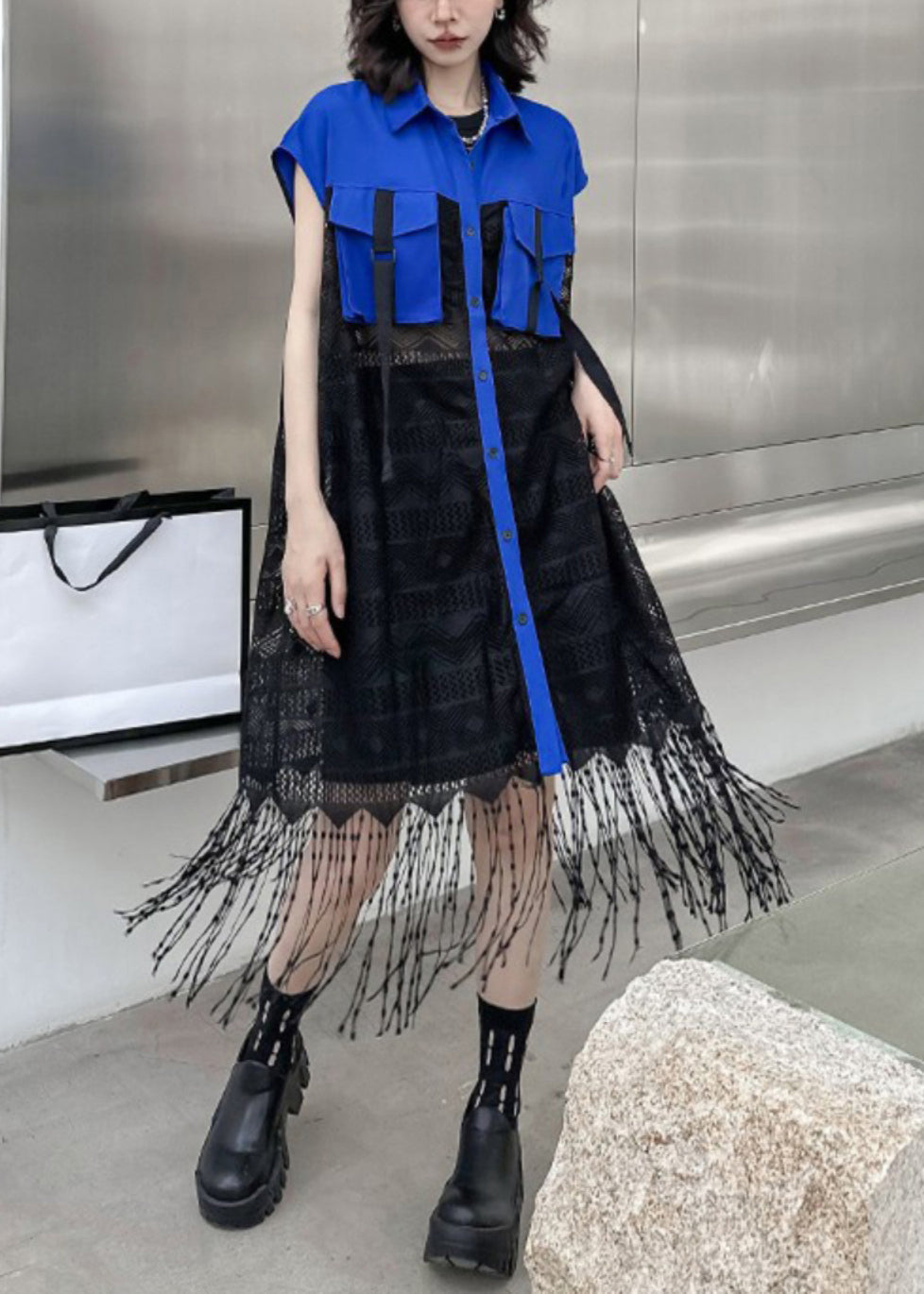 Style Royal Blue Peter Pan Collar Tasseled Patchwork Lace Shirts Dress Sleeveless Ada Fashion