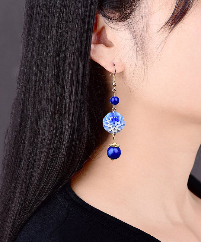 Style Royalblue Metal Jade Synthetic Flower Drop Earrings LY2218 - fabuloryshop