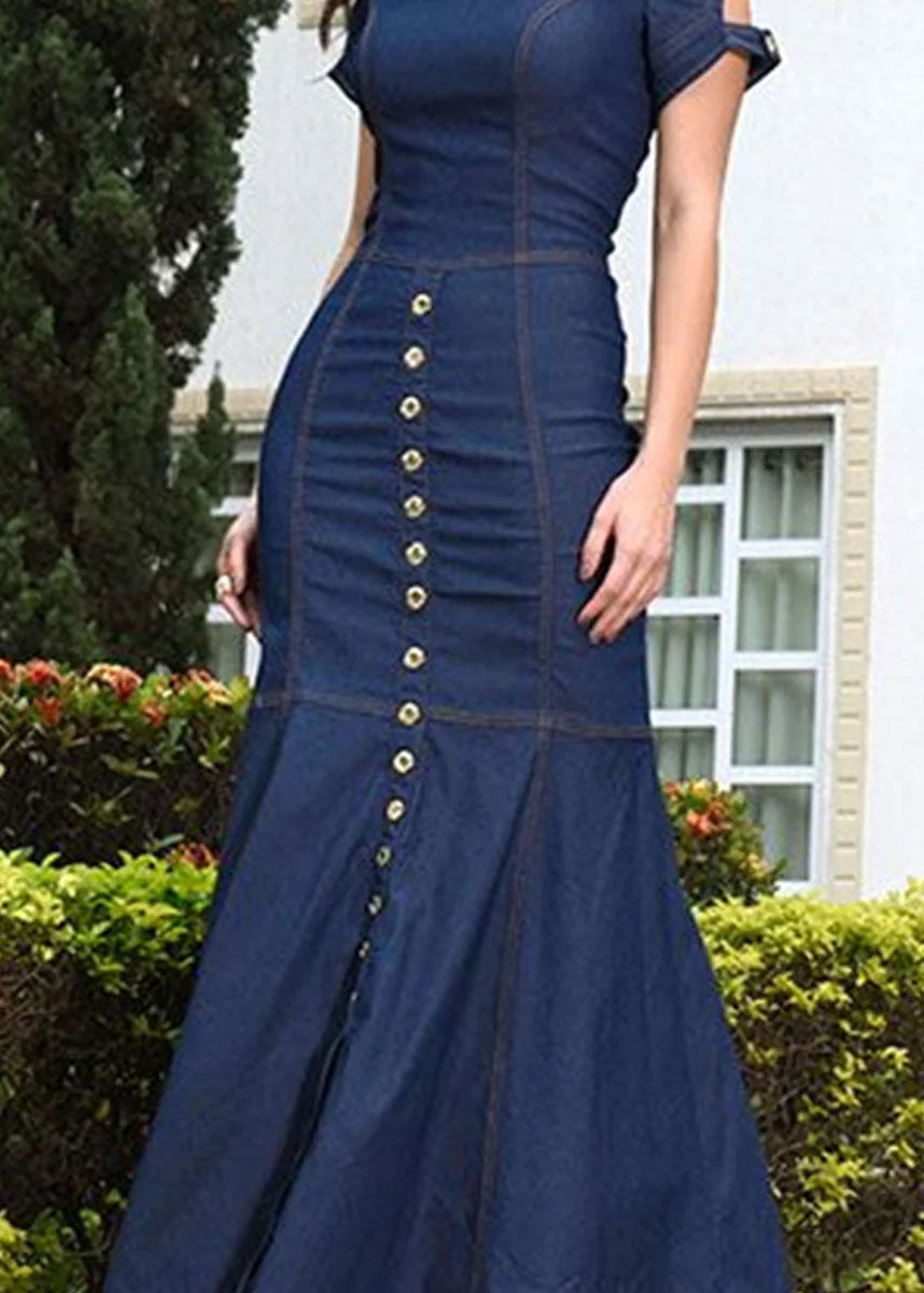 Style Slim Fit Navy O Neck Patchwork Long Denim Dress Summer LY4003 - fabuloryshop