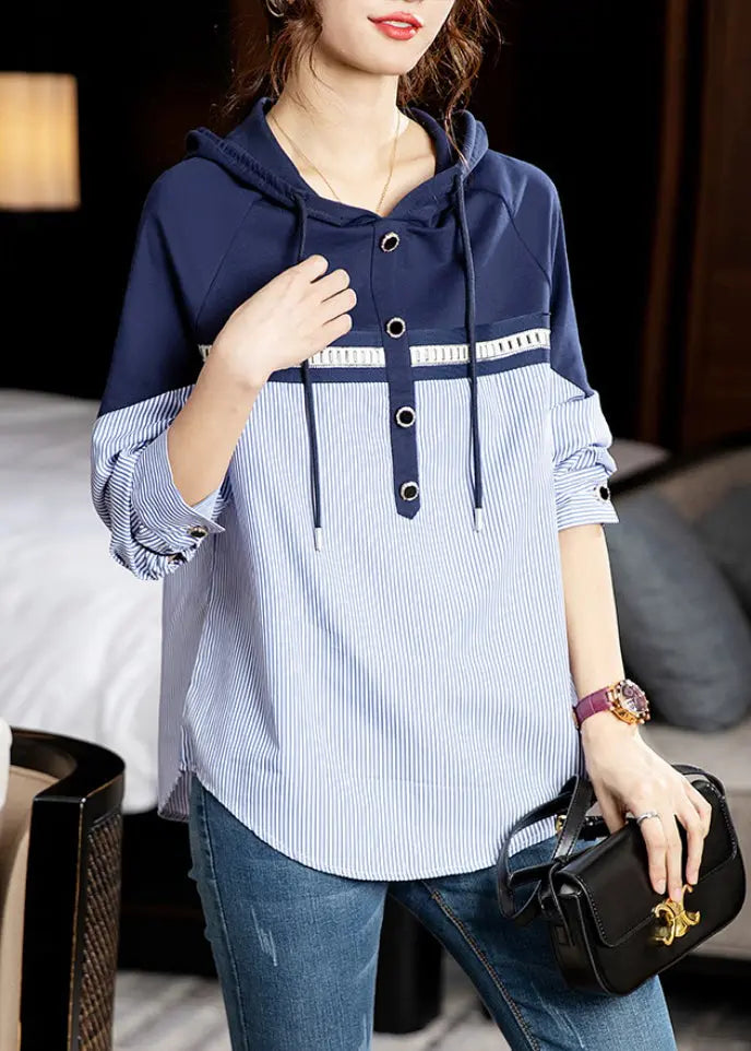 Style Striped Hooded Patchwork Cotton Shirt Long Sleeve Ada Fashion