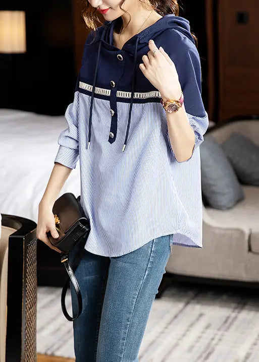 Style Striped Hooded Patchwork Cotton Shirt Long Sleeve Ada Fashion