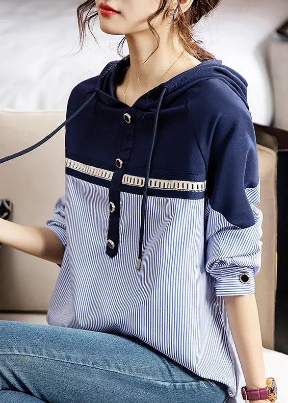 Style Striped Hooded Patchwork Cotton Shirt Long Sleeve Ada Fashion