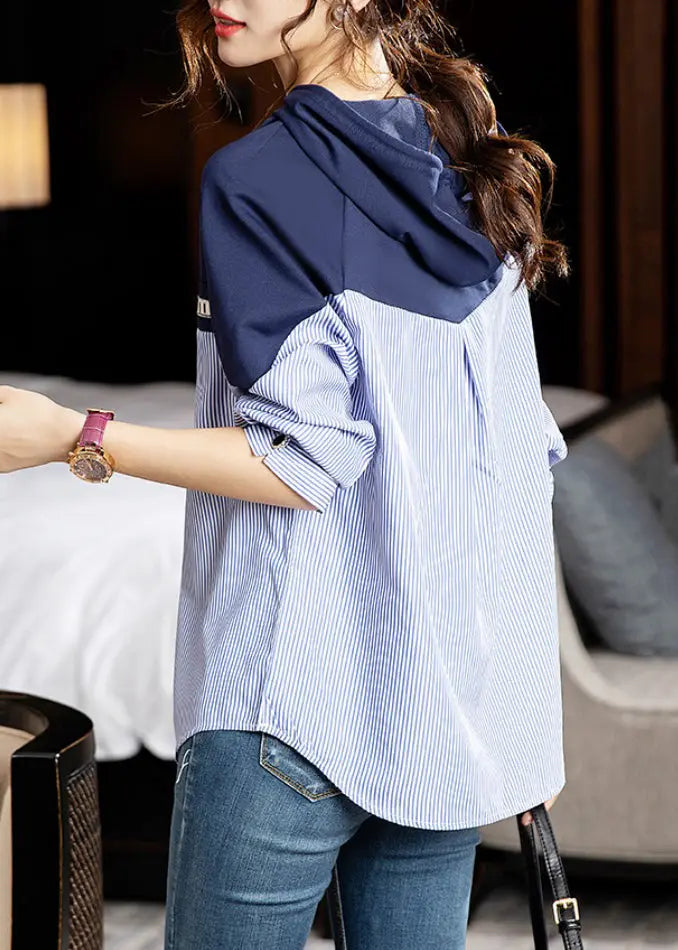 Style Striped Hooded Patchwork Cotton Shirt Long Sleeve Ada Fashion