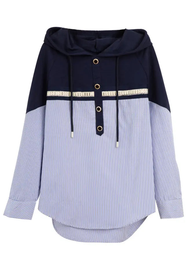 Style Striped Hooded Patchwork Cotton Shirt Long Sleeve Ada Fashion