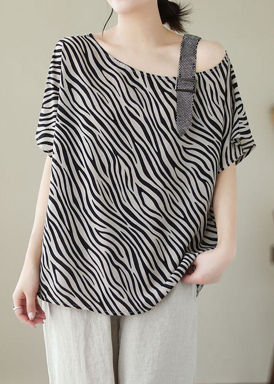 Style Striped Off The Shoulder Patchwork Chiffon T Shirt Top Summer LY3946 - fabuloryshop