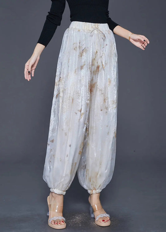 Style White Elastic Waist Tie Dye Silk Harem Pants Fall Ada Fashion