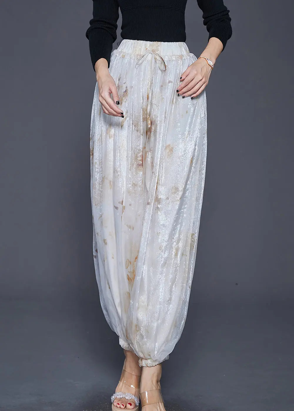 Style White Elastic Waist Tie Dye Silk Harem Pants Fall Ada Fashion