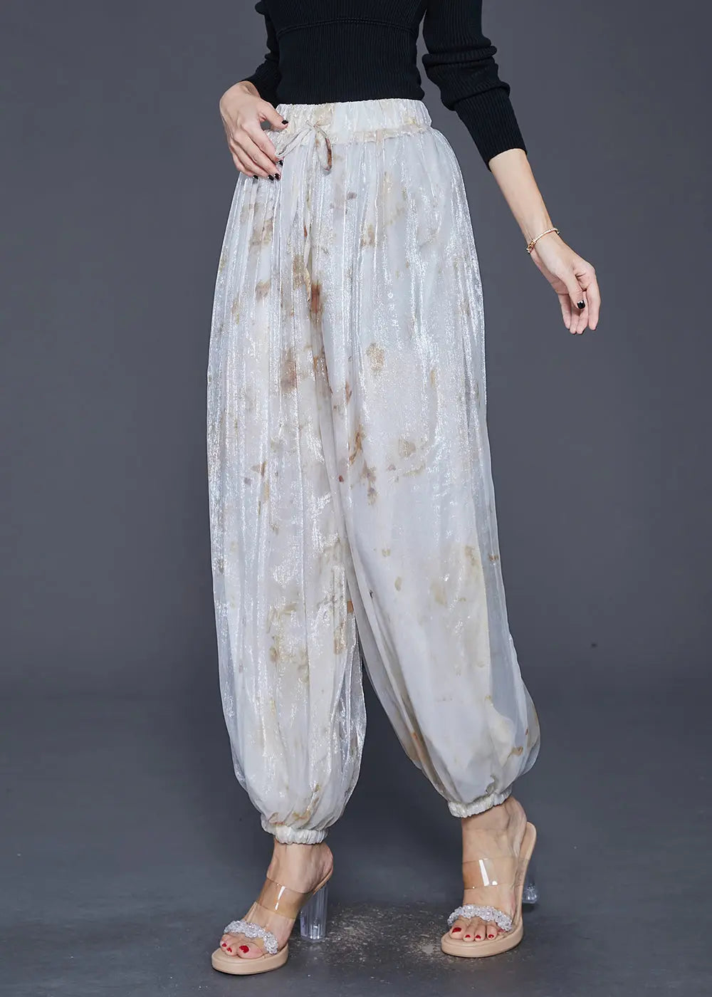 Style White Elastic Waist Tie Dye Silk Harem Pants Fall Ada Fashion