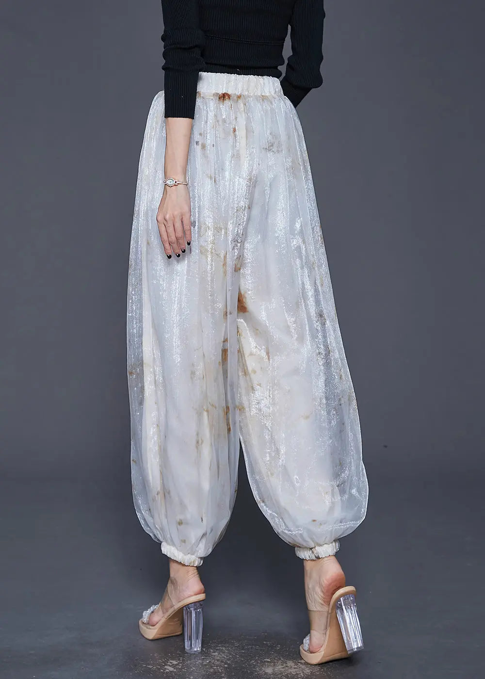 Style White Elastic Waist Tie Dye Silk Harem Pants Fall Ada Fashion