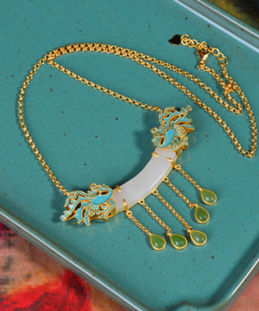 Style White Jade Enamel Phoenix Lariat Necklace LY2299