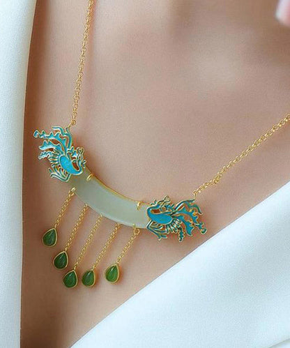 Style White Jade Enamel Phoenix Lariat Necklace LY2299 - fabuloryshop