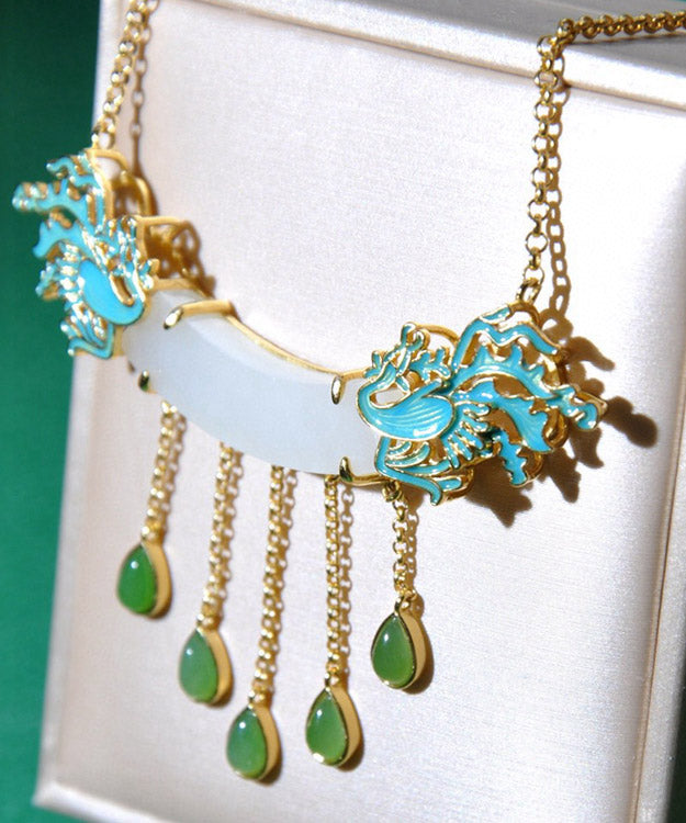 Style White Jade Enamel Phoenix Lariat Necklace LY2299 - fabuloryshop