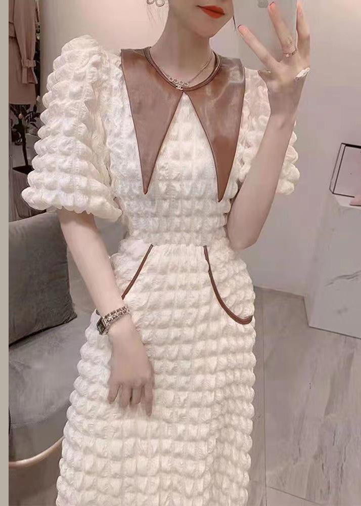 Style White O-Neck Faux Leather Patchwork High Waist Long Dresses Puff Sleeve Ada Fashion