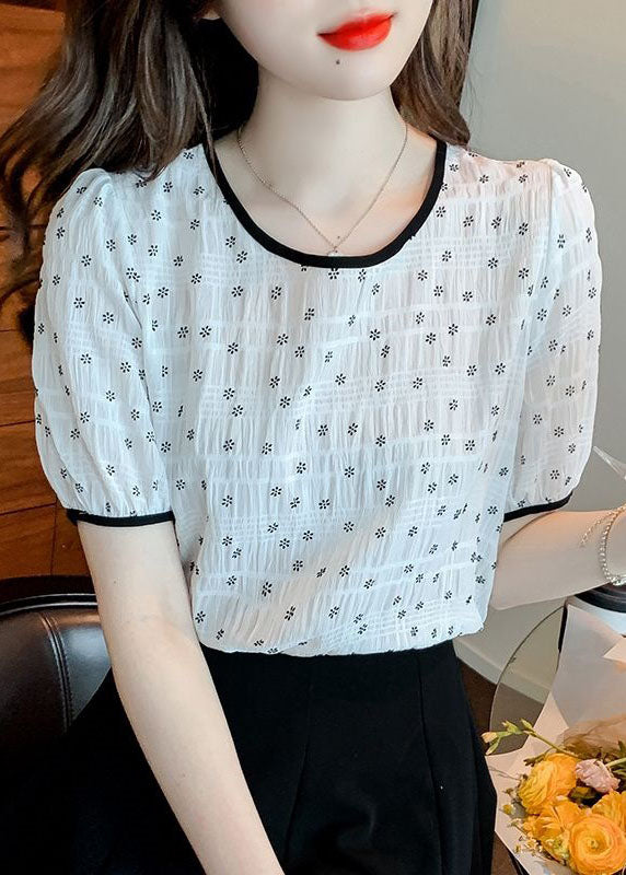 Style White O Neck Patchwork Print Chiffon T Shirt Top Summer LY1470 - fabuloryshop