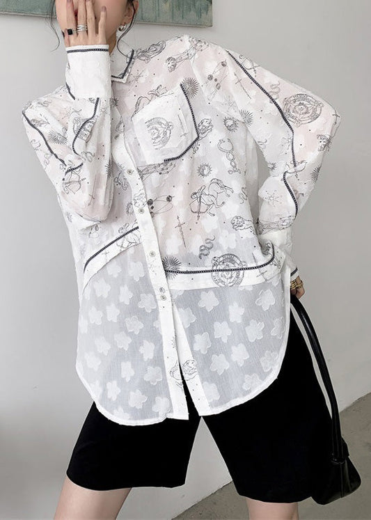 Style White Peter Pan Collar Print Button Shirts Long Sleeve LY0795 - fabuloryshop