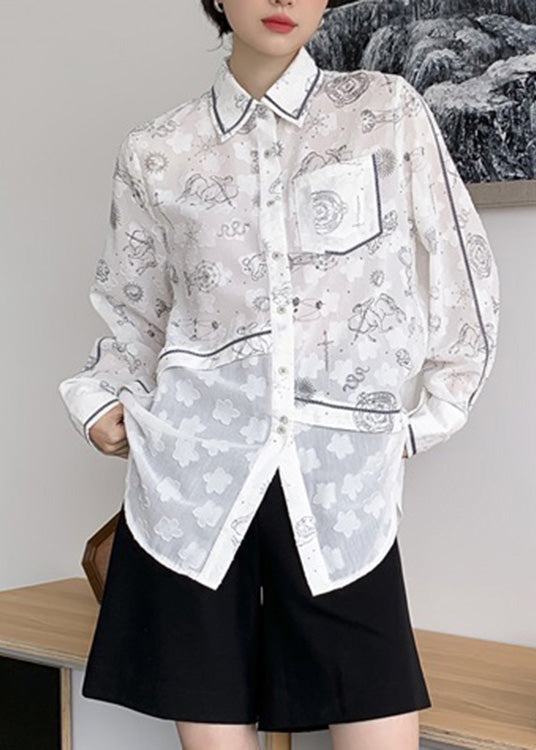 Style White Peter Pan Collar Print Button Shirts Long Sleeve LY0795 - fabuloryshop